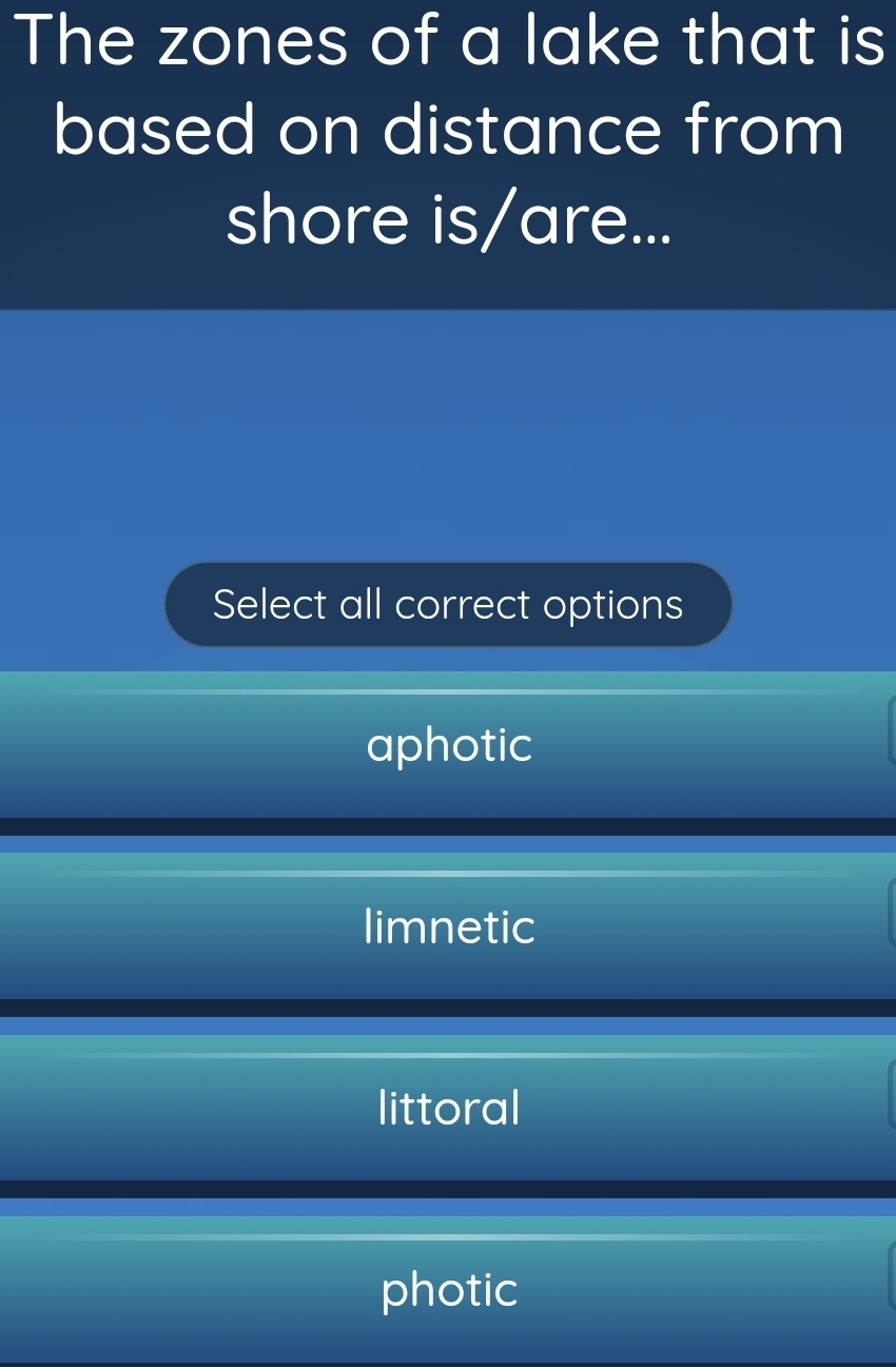 The zones of a lake that is
based on distance from
shore is/are...
Select all correct options
aphotic
limnetic
littoral
photic