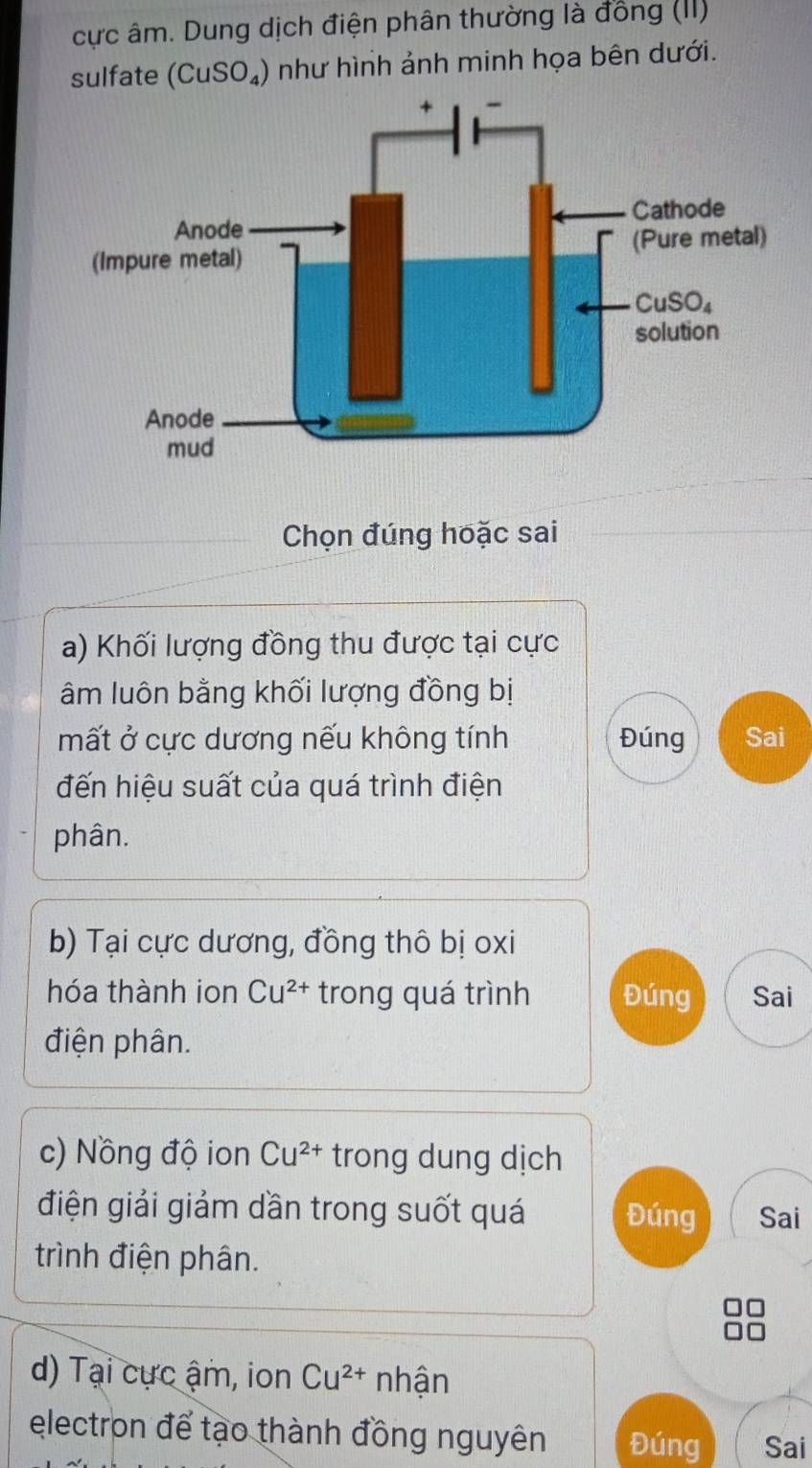 cực âm. Dung dịch điện phân thường là đồng (II)
sulfate (CuSO_4) như hình ảnh minh họa bên dưới.
Chọn đúng hoặc sai
a) Khối lượng đồng thu được tại cực
âm luôn bằng khối lượng đồng bị
mất ở cực dương nếu không tính Đúng Sai
đến hiệu suất của quá trình điện
phân.
b) Tại cực dương, đồng thô bị oxi
hóa thành ion Cu^(2+) trong quá trình Đúng Sai
điện phân.
c) Nồng độ ion Cu^(2+) trong dung dịch
điện giải giảm dần trong suốt quá Đúng Sai
trình điện phân.
d) Tại cực ậm, ion Cu^(2+) nhận
electron để tạo thành đồng nguyên Đúng Sai