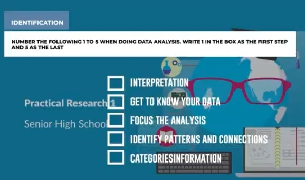 IDENTIFICATION 
NUMBER THE FOLLOWING 1 TO 5 WHEN DOING DATA ANALYSIS. WRITE 1 IN THE BOX AS THE FIRST STEP 
AND 5 AS THE LAST 
INTERPRETATION 
Practical Research GET TO KNOW YOUR OATA 
Senior High Schoo FOCUS THE ANALYSIS 
IDENTIFY PATTERNS AND CONNECTIONS 
CATEGORIESINFORMATION