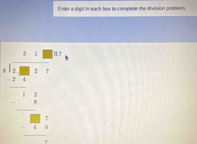 Enter a digit in each box to complete the division problem.
beginarrayr □ □  1encloselongdiv 395=□  -□ □  hline □ □  -□ □  hline □ endarray 