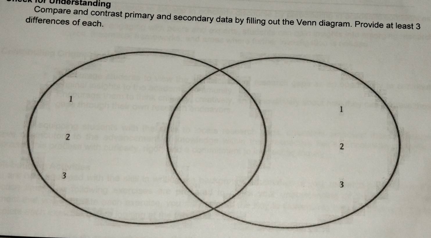 Tünderstanding 
Compare and contrast primary and secondary data by filling out the Venn diagram. Provide at least 3
differences of each.