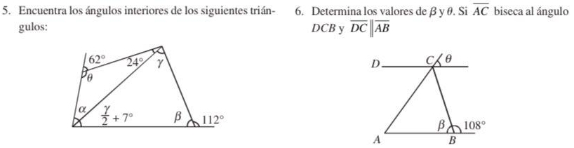 Encuentra los ángulos interiores de los siguientes trián- 6. Determina los valores deβ y θ. Si overline AC biseca al ángulo
gulos: DCB y overline DC||overline AB