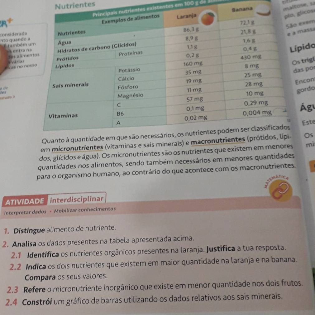 Nutrientes 
stentes em 100 g de . 
t 
ltose, sa 
licos 
xem 
considerada 
E também assa 
nto quando 
is entra n 
pido 
dos alime 
icas no noa várias 
trigl 
s por 
des 
a de 
con 
estudo 3 
ordo 
Águ 
Este 
em micronutrientes (vitaminas e sais mineraisOs 
dos, glícidos e água). Os micronutrientes são os nutrientes que existem em menores mì 
quantidades nos alimentos, sendo também necessários em menores quantidades 
para o organismo humano, ao contrário do que acontece com os macronutrientes. 
SMATICA 
atividade interdisciplinar 
Interpretar dados - Mobilizar conhecimentos 
1. Distingue alimento de nutriente. 
2. Analisa os dados presentes na tabela apresentada acima. 
2.1 Identifica os nutrientes orgânicos presentes na laranja. Justifica a tua resposta. 
2.2 Indica os dois nutrientes que existem em maior quantidade na laranja e na banana. 
Compara os seus valores. 
2.3 Refere o micronutriente inorgânico que existe em menor quantidade nos dois frutos. 
2.4 Constrói um gráfico de barras utilizando os dados relativos aos sais minerais.