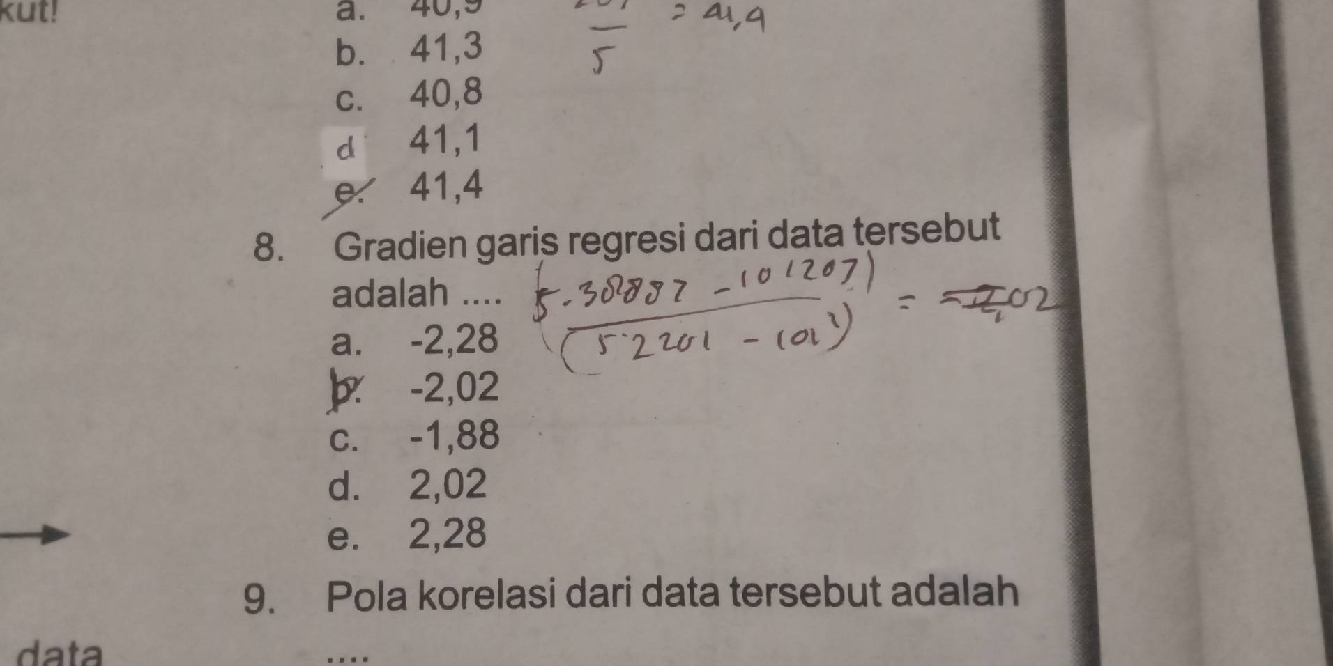 kut! a. 40, 9
b. 41, 3
c. 40, 8
d 41, 1
e. 41, 4
8. Gradien garis regresi dari data tersebut
adalah ....
a. -2,28
b -2,02
c. -1,88
d. 2,02
e. 2,28
9. Pola korelasi dari data tersebut adalah
data
..