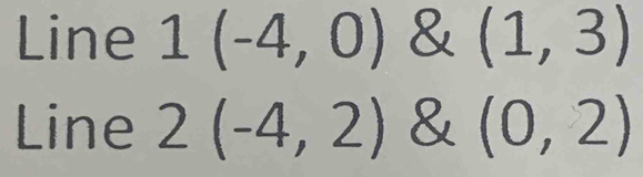 Line 1 (-4,0) & (1,3)
Line 2(-4,2) & (0,2)