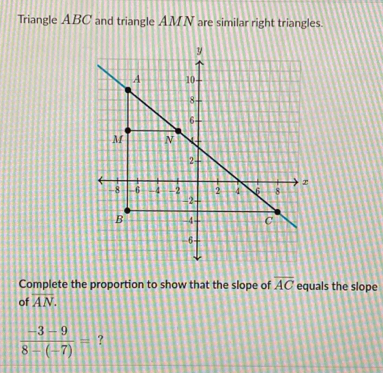 Triangle ABC and triangle AMN are similar right triangles. 
Complete the proportion to show that the slope of overline AC equals the slope 
of overline AN.
 (-3-9)/8-(-7) = ?