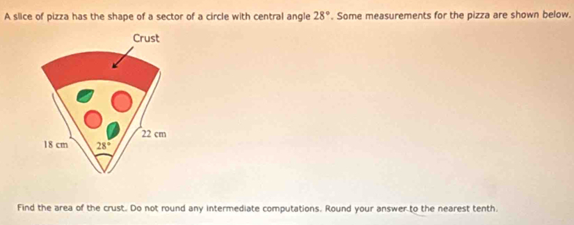 A slice of pizza has the shape of a sector of a circle with central angle 28°. Some measurements for the pizza are shown below.
Find the area of the crust. Do not round any intermediate computations. Round your answer to the nearest tenth.