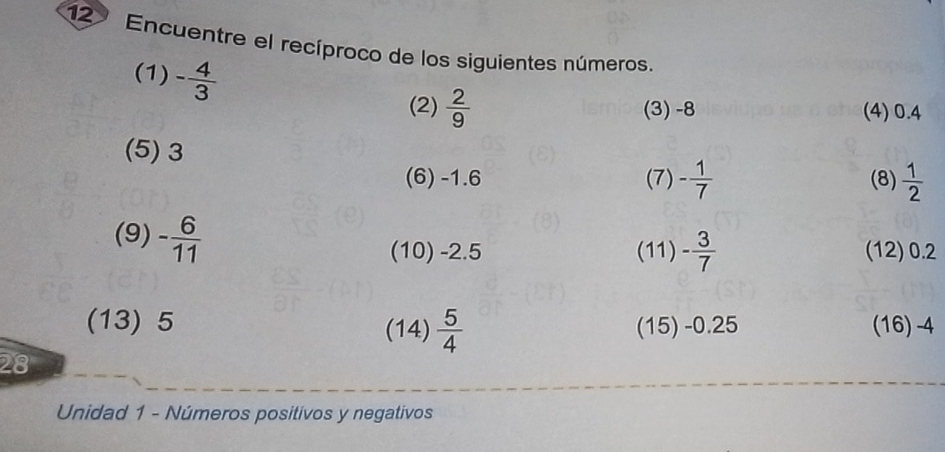 Encuentre el recíproco de los siguientes números. 
(1) - 4/3 
(2)  2/9  (3) -8 (4) 0.4
(5) 3
(6) -1.6 (7) - 1/7  (8)  1/2 
(9) - 6/11 
(10) -2.5 (11) - 3/7  (12) 0.2
(13) 5  5/4  (15) -0.25 (16) -4
(14) 
28 
Unidad 1 - Números positivos y negativos