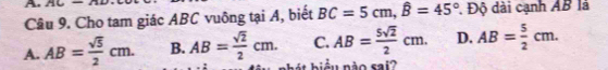 A AC-A
Câu 9. Cho tam giác ABC vuông tại A, biết BC=5cm, widehat B=45° Độ dài cạnh AB là
A. AB= sqrt(5)/2 cm. B. AB= sqrt(2)/2 cm. C. AB= 5sqrt(2)/2 cm. D. AB= 5/2 cm. 
há biểu nào sai?