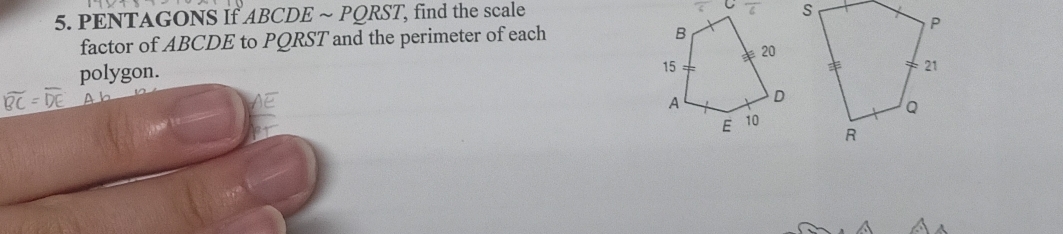 PENTAGONS If ABCDE ~ PQRST, find the scale 
factor of ABCDE to PQRST and the perimeter of each 
polygon.