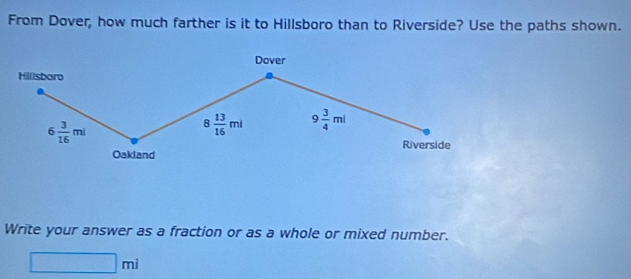 From Dover, how much farther is it to Hillsboro than to Riverside? Use the paths shown. 
Dover 
Hilisboro
6 3/16 ml
8 13/16 ml 9 3/4 mi
Riverside 
Oakland 
Write your answer as a fraction or as a whole or mixed number.
□ mi