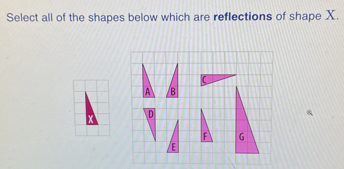 Solved: Select all of the shapes below which are reflections of shape X ...