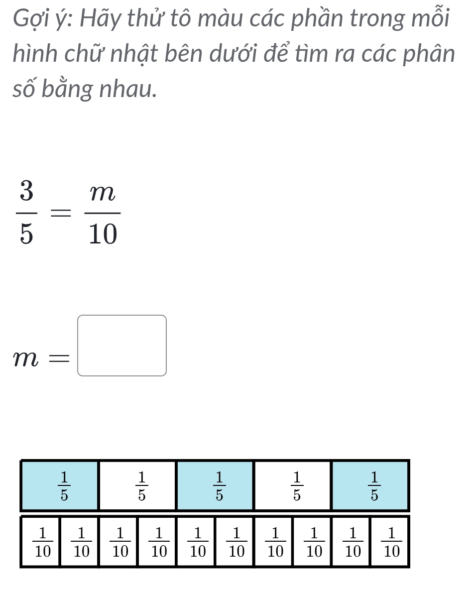 Gợi ý: Hãy thử tô màu các phần trong mỗi
hình chữ nhật bên dưới để tìm ra các phân
số bằng nhau.
 3/5 = m/10 
m=□