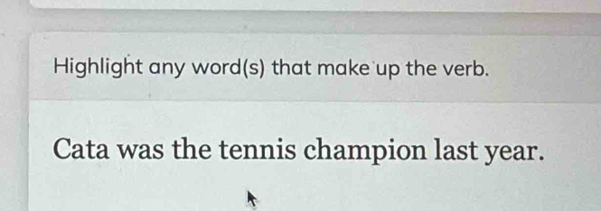 Highlight any word(s) that make up the verb. 
Cata was the tennis champion last year.