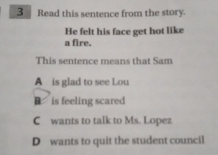 Read this sentence from the story.
He felt his face get hot like
a fire.
This sentence means that Sam
A is glad to see Lou
B is feeling scared
C wants to talk to Ms. Lopez
D wants to quit the student council