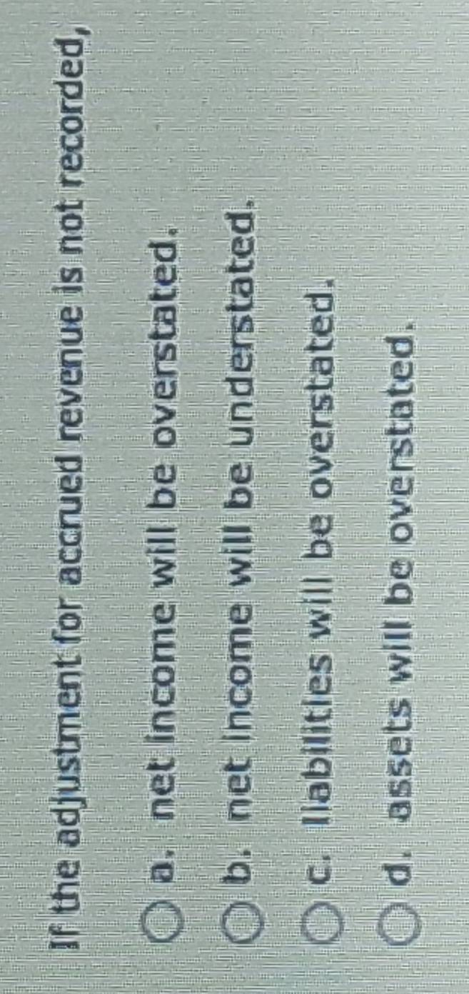 If the adjustment for accrued revenue is not recorded,
a. net income will be overstated.
b. net income will be understated.
c. liabilities will be overstated.
d. assets will be overstated.