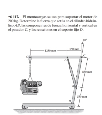 •6-117. El montacargas se usa para soportar el motor de
200 kg. Determine la fuerza que actúa en el cilindro hidráu-
lico AB, las componentes de fuerza horizontal y vertical en
el pasador C, y las reacciones en el soporte fijo D.