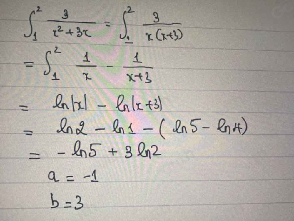 ∈t _1^(2frac 3)x^2+3x=∈t _1^(2frac 3)x(x+3)
=∈t _1^(2frac 1)x- 1/x+3 
=ln |x|-ln |x+3|
=ln 2-ln 1-(ln 5-ln 4)
=-ln 5+3ln 2
a=-1
b=3