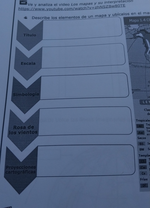 Ve y analiza el video Los mapas y su interpretación
https://www.youtube.com/watch? V= zhNSZBw80TE
Describe los elementos de un mapa y ubícalos en el ma
Mapa 1.4 C
Título
Escala
Trópico d
ance
Simbología iados
1
LEY
Clas
d
Tropicale
Af
Rosa de Tre too
los vientos
An
Tn
en
Secos
BS S
BW S
Templa
Proyecciones
Cw
cartográficas
Cs
Fríos
Df