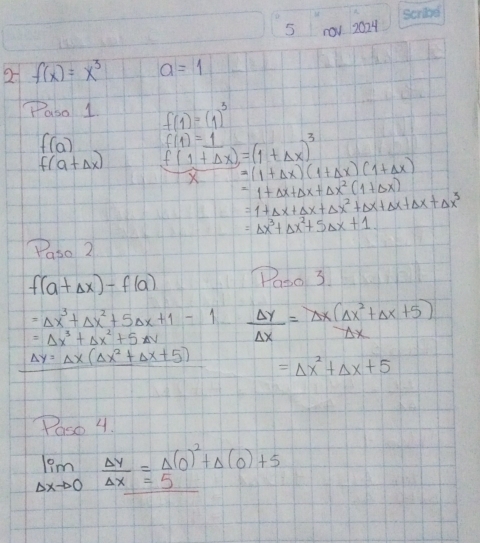 5 1ov 2024 
2 f(x)=x^3 a=1
Paso 1 f(1)=(1)^3
f(a) f(1)=_ 1
f(a+Delta x) f(1+Delta x)=(1+Delta x)^3
x=(1+Delta x)(1+Delta x)(1+Delta x)
=1+Delta x+Delta x+Delta x^2(1+Delta x)
=1+Delta x+Delta x+Delta x^2+Delta x+Delta x+Delta x+Delta x^3
=△ x^3+△ x^2+5△ x+1
Paso 2
f(a+Delta x)-f(a) Paoo 3
=Delta x^3+Delta x^2+5Delta x+1-1  Delta y/Delta x = (Delta x(Delta x^2+Delta x+5))/Delta x 
=△ x^3+△ x^2+5△ V
Delta y=Delta x(Delta x^2+Delta x+5) =△ x^2+△ x+5
Poso 4.
limlimits _Delta xto 0 Delta y/Delta x =frac Delta (0)^2+Delta (0)+5