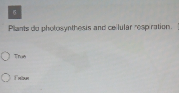 Plants do photosynthesis and cellular respiration.
True
False