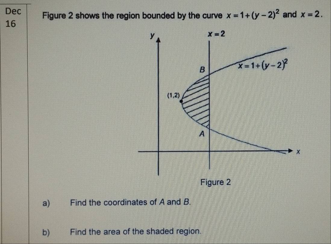 Dec Figure 2 shows the region bounded by the curve x=1+(y-2)^2 and x=2.
16
Figure 2
a) Find the coordinates of A and B.
b) Find the area of the shaded region.