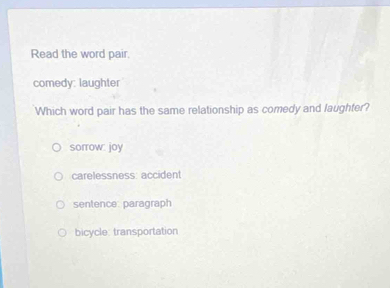 Read the word pair,
comedy: laughter
Which word pair has the same relationship as comedy and laughter?
sorrow: joy
carelessness: accident
sentence: paragraph
bicycle: transportation