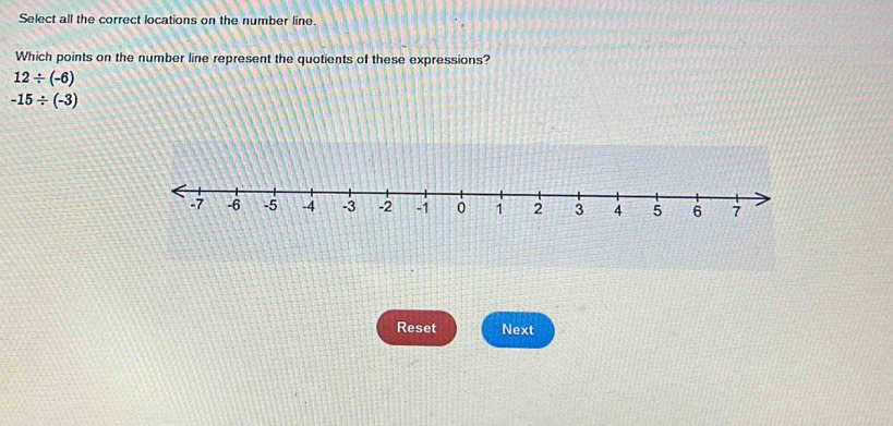 Select all the correct locations on the number line. 
Which points on the number line represent the quotients of these expressions?
12/ (-6)
-15/ (-3)
Reset Next