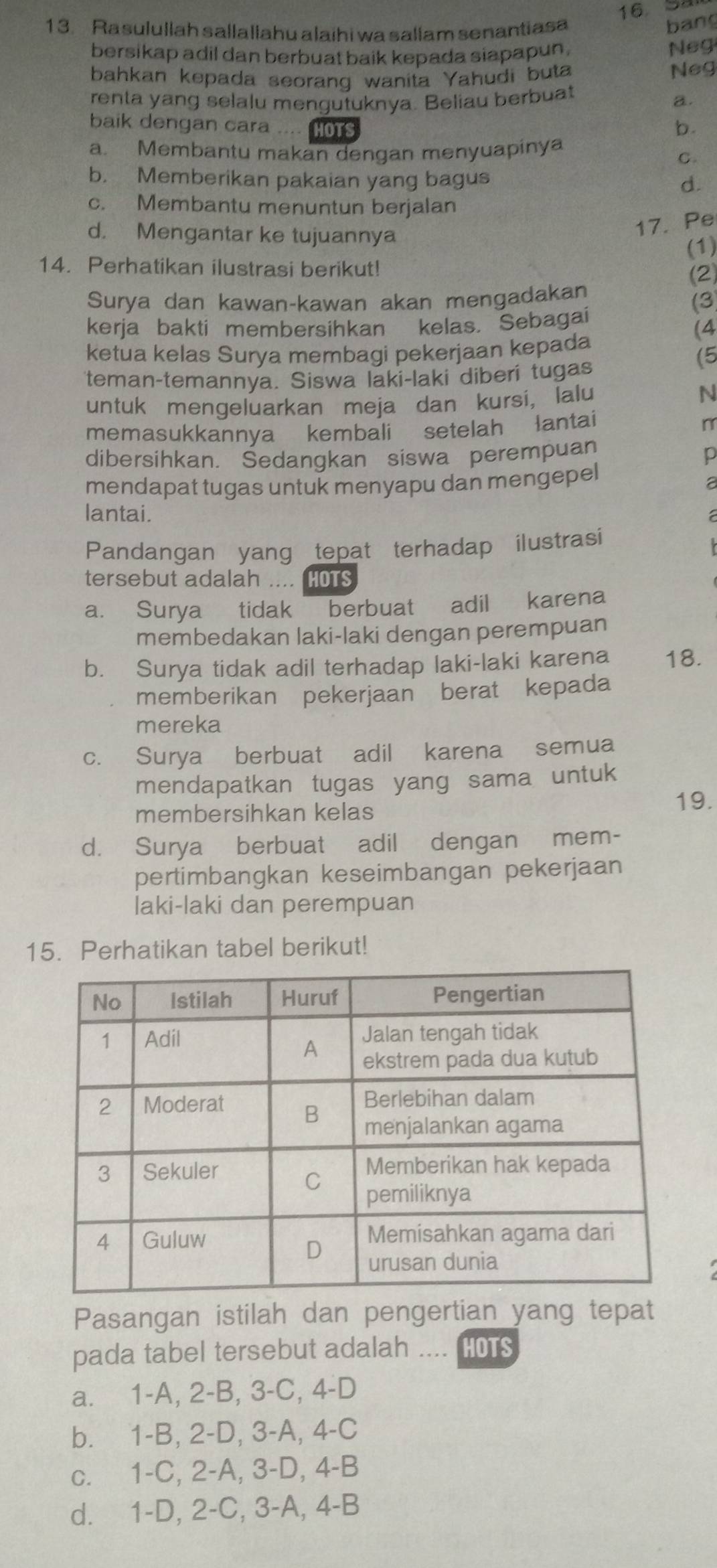 16 54
13. Rasulullah sallallahu alaihi wa sallam senantiasa
bang
bersikap adil dan berbuat baik kepada siapapun,
Neg
bahkan kepada seorang wanita Yahudi buta Neg
renta yang selalu mengutuknya. Beliau berbuat a.
baik dengan cara .... HOTS b.
a. Membantu makan dengan menyuapinya
C.
b. Memberikan pakaian yang bagus d.
c. Membantu menuntun berjalan
d. Mengantar ke tujuannya
17. Pe
14. Perhatikan ilustrasi berikut! (1)
(2)
Surya dan kawan-kawan akan mengadakan
(3
kerja bakti membersihkan kelas. Sebagai
(4
ketua kelas Surya membagi pekerjaan kepada
(5
teman-temannya. Siswa laki-laki diberi tugas
untuk mengeluarkan meja dan kursi, lalu
N
memasukkannya kembali setelah lantai
dibersihkan. Šedangkan siswa perempuan
p
mendapat tugas untuk menyapu dan mengepel
a
lantai.
Pandangan yang tepat terhadap ilustrasi
tersebut adalah .... HOTS
a. Surya tidak berbuat adil karena
membedakan laki-laki dengan perempuan
b. Surya tidak adil terhadap laki-laki karena 18.
memberikan pekerjaan berat kepada
mereka
c. Surya berbuat adil karena semua
mendapatkan tugas yang sama untuk
membersihkan kelas
19.
d. Surya berbuat adil dengan mem-
pertimbangkan keseimbangan pekerjaan
laki-laki dan perempuan
15. Perhatikan tabel berikut!
Pasangan istilah dan pengertian yang tepat
pada tabel tersebut adalah .... (HOTS
a. 1-A, 2-B, 3-C, 4-D
b. 1-B, 2-D, 3-A, 4-C
c. 1-C, 2-A, 3-D, 4-B
d. 1-D, 2-C, 3-A, 4-B