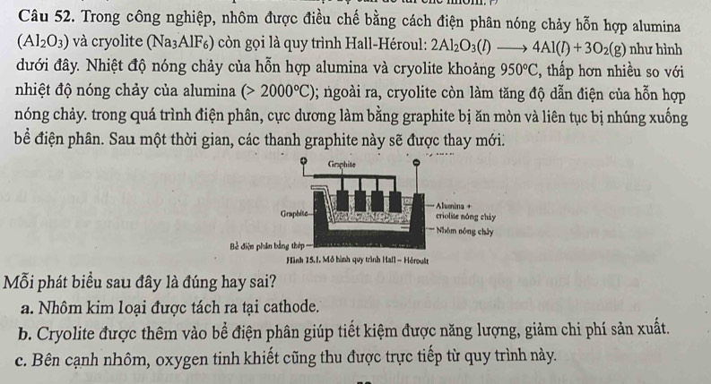 Trong công nghiệp, nhôm được điều chế bằng cách điện phân nóng chảy hỗn hợp alumina
(Al_2O_3) và cryolite (Na_3AlF_6) còn gọi là quy trình Hall-Héroul: 2Al_2O_3(l)to 4Al(l)+3O_2(g) như hình
đưới đây. Nhiệt độ nóng chảy của hỗn hợp alumina và cryolite khoảng 950°C 2, thấp hơn nhiều so với
nhiệt độ nóng chảy của alumina (>2000°C) 0; ngoài ra, cryolite còn làm tăng độ dẫn điện của hỗn hợp
nóng chảy. trong quá trình điện phân, cực dương làm bằng graphite bị ăn mòn và liên tục bị nhúng xuống
bể điện phân. Sau một thời gian, các thanh graphite này sẽ được thay mới.
Mỗi phát biểu sau đây là đúng hay sai?
a. Nhôm kim loại được tách ra tại cathode.
b. Cryolite được thêm vào bể điện phân giúp tiết kiệm được năng lượng, giảm chi phí sản xuất.
c. Bên cạnh nhôm, oxygen tinh khiết cũng thu được trực tiếp từ quy trình này.