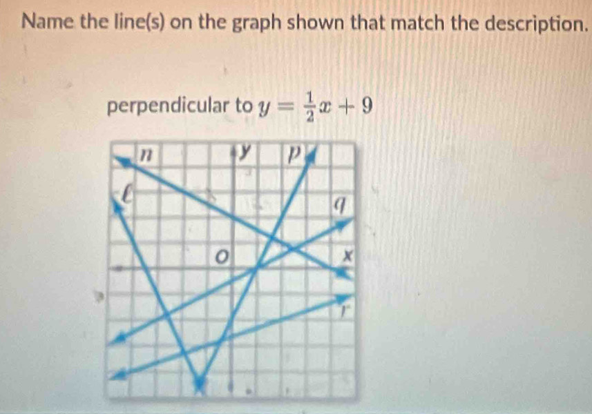 Name the line(s) on the graph shown that match the description. 
perpendicular to y= 1/2 x+9