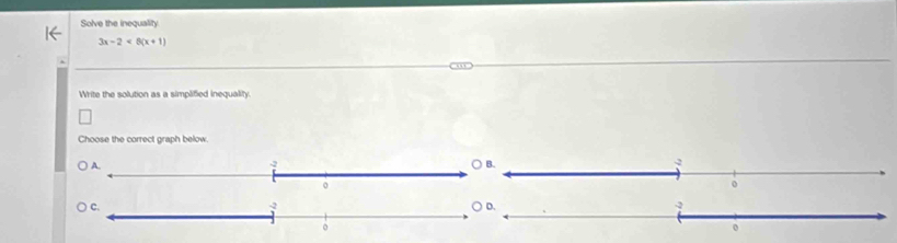 Solve the inequality.
3x-2<8(x+1)
Write the solution as a simplified inequality. 
Choose the correct graph below