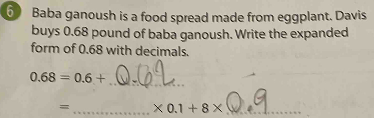 Baba ganoush is a food spread made from eggplant. Davis 
buys 0.68 pound of baba ganoush. Write the expanded 
form of 0.68 with decimals.
0.68=0.6+ _ 
= 
__ * 0.1+8*