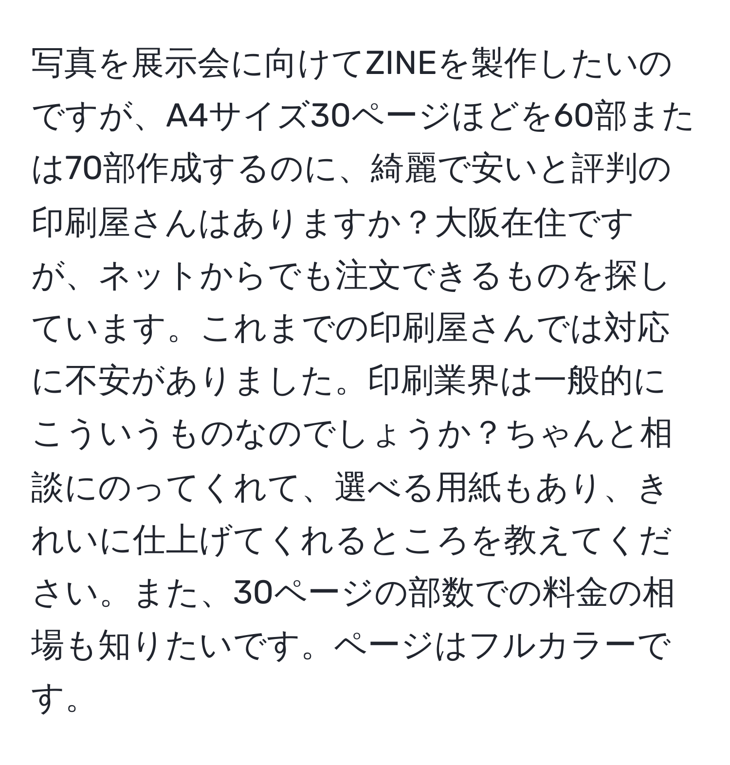 写真を展示会に向けてZINEを製作したいのですが、A4サイズ30ページほどを60部または70部作成するのに、綺麗で安いと評判の印刷屋さんはありますか？大阪在住ですが、ネットからでも注文できるものを探しています。これまでの印刷屋さんでは対応に不安がありました。印刷業界は一般的にこういうものなのでしょうか？ちゃんと相談にのってくれて、選べる用紙もあり、きれいに仕上げてくれるところを教えてください。また、30ページの部数での料金の相場も知りたいです。ページはフルカラーです。