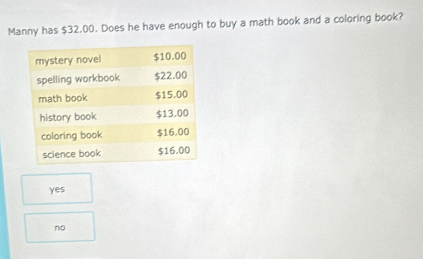 Manny has $32.00. Does he have enough to buy a math book and a coloring book?
yes
no