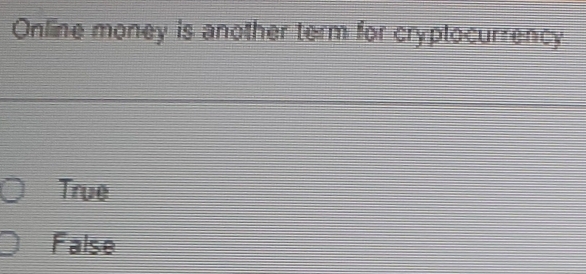 Online money is another term for cryptocurrency
True
False