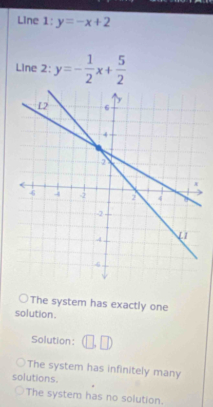 Line 1: y=-x+2
Line 2: y=- 1/2 x+ 5/2 
The system has exactly one
solution.
Solution: (□ ,□ )
The system has infinitely many
solutions.
The system has no solution.