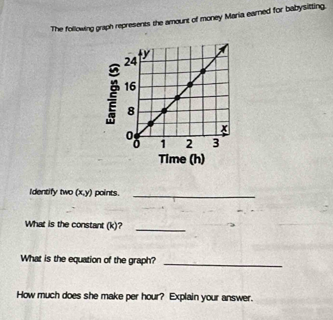 The following graph represents the amount of money Maria earned for babysitting. 
Time (h) 
Identify two (x,y) points._ 
What is the constant (k)?_ 
What is the equation of the graph?_ 
How much does she make per hour? Explain your answer.