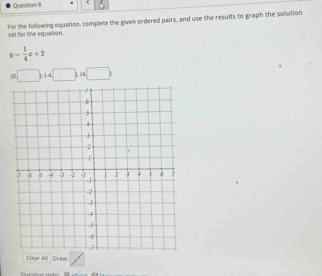 For the following equation, complete the given ordered pairs, and use the results to graph the solution 
set for the equation.
y= 1/4 x+2
(0,□ ),(-4,□ ),(4,□ )
Clear All Draw: 
uestion Heln