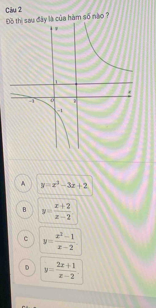 đây là của hàm số nào ?
A y=x^3-3x+2.
B y= (x+2)/x-2 .
C y= (x^2-1)/x-2 .
D y= (2x+1)/x-2 .