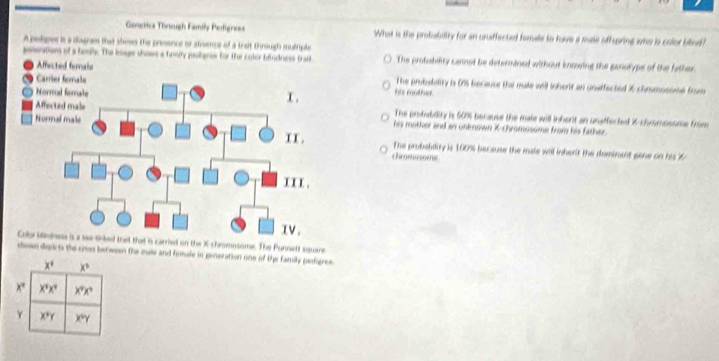 Genetica Thotugh Family Pedigness What is the probability for an unaffected famale to have a male offspring who is color blind?
A pelgnes is a disgram that shows the prsence or atnence of a trait Drough mult de
pneration of a famil. The koses shows a famity poderes for the coler bindness fraif. The probability cannot be determined without knowing the genoryps of the father
Affected femaleThe probability is 0%5 because the male will inhent an unaffected % chromosome from
Carrier fornalehis mother.
Normal female
Affected maleThe probubility is 60% because the male will inherit an unaffected % chromosome from
Normal male
his mother and an unknown % chromosome from his father.
The probability is 100% because the male will inherit the dominant gene on his %
chromesome.
Colorblrried on the X chromosome. The Punnett square
shown depicts the croes between the mals and female in generation one of the family pedigree
x° x°
x X^5X^9 x^9x^6
Y X°Y x^ny