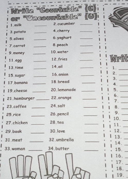 Write ''Countable 
or ''Uncountable'' 
1.milk _2. cucumber_ 
3.potato _4.cherry_ 
5.olives _6.yoghurt_ 
7.carrot _8.peach_ 
9.money _10.water_ 
11.egg _12.fries _Writ 
13.time _14.oil 
_ 
1._ 
15.sugar _16. anion _2._ 
3._ 
17 banana _18 bread_ 
4._ 
19.cheese _20.lemonade _5._ 
6._ 
21.hamburger _22.orange_ 
7._ 
23.coffee _24.salt 
_ 
8._ 
9. 
25.rice _26.pencil _10.__ 
27.chicken _28.tea _11._ 
29.book _30.love _12._ 
13._ 
31.meat _32.umbrella_ 
14._ 
33.woman _34.butter _15._ 
16._ 
17._ 
18._ 
19._