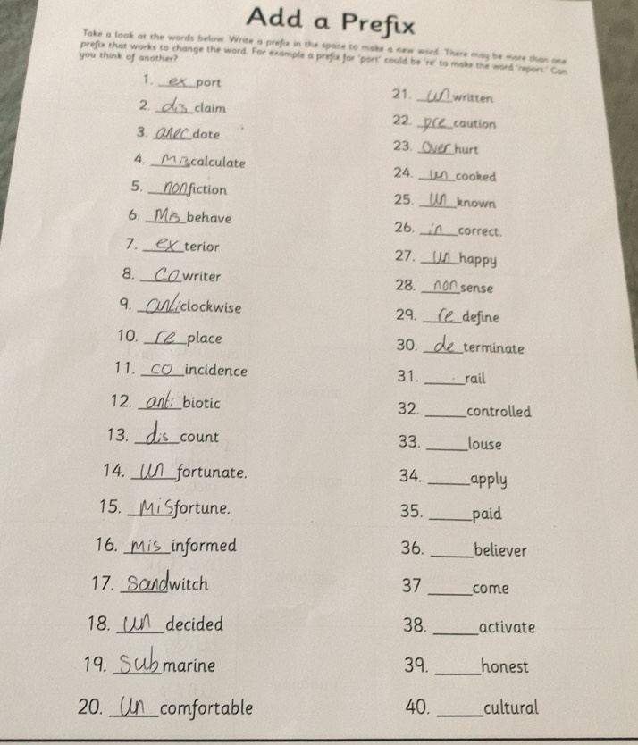 Solved: Add a Prefix Take a look at the words below. Write a prefix in ...