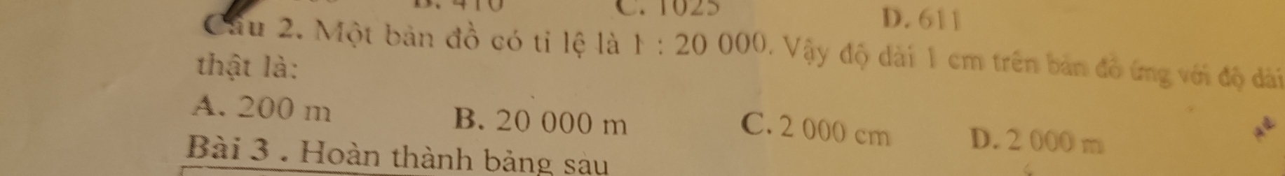 1025 D. 611
Câu 2. Một bản đồ có tỉ lệ là 1:20000. Vậy độ dài 1 cm trên bản đồ ứng với độ dài
thật là:
A. 200 m B. 20 000 m D. 2 000 m
C. 2 000 cm
Bài 3 . Hoàn thành bảng sau