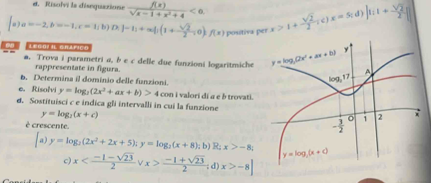 Risolvi la disequazione  f(x)/sqrt(x-1)+x^2+4 <0,
a ) a=-2,b=-1,c=1,1 a D_1]=1+∈fty +∈fty [1(1+(1+ sqrt(2)/2 ,0);f(x) positiva per x>1+ sqrt(2)/2  c) x=5; d) |1:1+ sqrt(2)/2 |
Legoi Il gráfico
a. Trova i parametri a, b e c delle due funzioni logaritmiche
rappresentate in figura.
b. Determina il dominio delle funzioni.
c. Risolvi y=log _2(2x^2+ax+b)>4 con i valori dí a e b trovati.
d. Sostituisci c e indica gli intervalli in cui la funzione
y=log _2(x+c)
è crescente.
a) y=log _2(2x^2+2x+5);y=log _2(x+8); b) R; x>-8
c) x  (-1+sqrt(23))/2 ;d)x>-8]