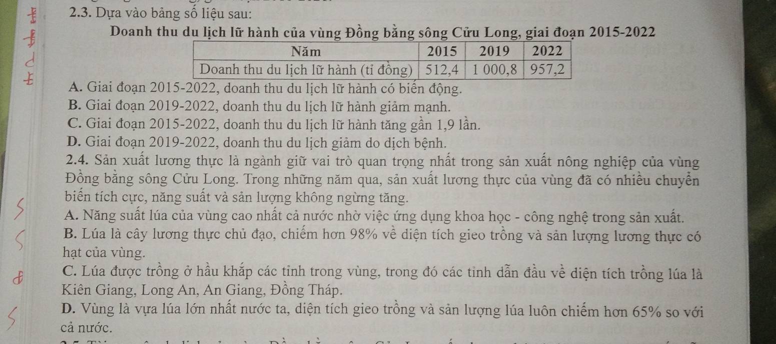 Dựa vào bảng số liệu sau:
Doanh thu du lịch lữ hành của vùng Đồng bằng sông Cửu Long, giai đoạn 2015-2022
A. Giai đoạn 2015- 2022, doanh thu du lịch lữ hành có biển động.
B. Giai đoạn 2019-2022, doanh thu du lịch lữ hành giảm mạnh.
C. Giai đoạn 2015- 2022, doanh thu du lịch lữ hành tăng gần 1,9 lần.
D. Giai đoạn 2019-2022, doanh thu du lịch giảm do dịch bệnh.
2.4. Sản xuất lương thực là ngành giữ vai trò quan trọng nhất trong sản xuất nông nghiệp của vùng
Đồng bằng sông Cửu Long. Trong những năm qua, sản xuất lương thực của vùng đã có nhiều chuyển
biển tích cực, năng suất và sản lượng không ngừng tăng.
A. Năng suất lúa của vùng cao nhất cả nước nhờ việc ứng dụng khoa học - công nghệ trong sản xuất.
B. Lúa là cây lương thực chủ đạo, chiếm hơn 98% về diện tích gieo trồng và sản lượng lương thực có
hạt của vùng.
C. Lúa được trồng ở hầu khắp các tỉnh trong vùng, trong đó các tinh dẫn đầu về diện tích trồng lúa là
Kiên Giang, Long An, An Giang, Đồng Tháp.
D. Vùng là vựa lúa lớn nhất nước ta, diện tích gieo trồng và sản lượng lúa luôn chiếm hơn 65% so với
cả nước.