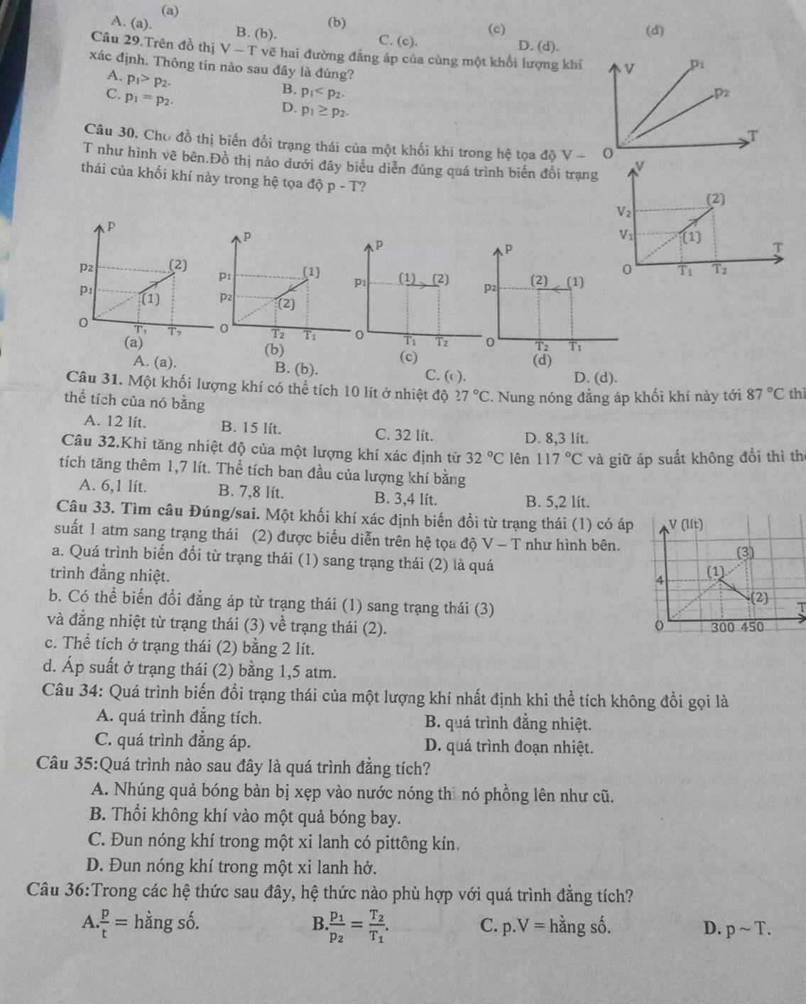 (a)
A. (a).
B (b). (b)
(c) (d)
C. (c). D. (d).
Câu 29.Trên đồ thị V-T vẽ hai đường đẳng áp của cùng một khối lượng khí
xác định. Thông tin nào sau đây là đúng?
A. p_1>p_2.
C. p_1=p_2.
B. p_1
D. p_1≥ p_2.
Câu 30. Cho đồ thị biến đổi trạng thái của một khối khí trong hệ tọa độ V-
T như hình vẽ bên.Đồ thị nào dưới đây biểu diễn đúng quá trình biến đồi trạng
thái của khối khí này trong hệ tọa dhat Qp-T ?
(2)
V_2
V_1 (1)
P
T
0
T_1 Tz
2 (2) (1)
o T_2 Ti
(b)
(d)
A. (a). B. (b). C. (c). D. (d).
Câu 31. Một khối lượng khí có thể tích 10 lít ở nhiệt độ 27°C.  Nung nóng đẳng áp khối khí này tới 87°C thì
thể tích của nó bằng
A. 12 lít. B. 15 lít. C. 32 lít.
D. 8,3 lít.
Câu 32.Khi tăng nhiệt độ của một lượng khí xác định từ 32°C lên 117°C và giữ áp suất không đổi thì th
tích tăng thêm 1,7 lít. Thể tích ban đầu của lượng khí bằng
A. 6,1 lít. B. 7,8 lít. B. 3,4 lít.
B. 5,2 lít.
Câu 33. Tìm câu Đúng/sai. Một khối khí xác định biến đổi từ trạng thái (1) có áp
suất 1 atm sang trạng thái (2) được biểu diễn trên hệ tọa độ V - T như hình bên.
a. Quá trình biến đổi từ trạng thái (1) sang trạng thái (2) là quá
trình đằng nhiệt.
b. Có thể biến đổi đẳng áp từ trạng thái (1) sang trạng thái (3)
T
và đẳng nhiệt từ trạng thái (3) về trạng thái (2).
c. Thể tích ở trạng thái (2) bằng 2 lít.
d. Áp suất ở trạng thái (2) bằng 1,5 atm.
Câu 34: Quá trình biến đổi trạng thái của một lượng khí nhất định khi thể tích không đổi gọi là
A. quá trình đẳng tích. B. quá trình đẳng nhiệt.
C. quá trình đẳng áp. D. quá trình đoạn nhiệt.
Câu 35:Quá trình nào sau đây là quá trình đẳng tích?
A. Nhúng quả bóng bàn bị xẹp vào nước nóng thì nó phồng lên như cũ.
B. Thổi không khí vào một quả bóng bay.
C. Đun nóng khí trong một xi lanh có pittông kín.
D. Đun nóng khí trong một xi lanh hở.
Câu 36:Trong các hệ thức sau đây, hệ thức nào phù hợp với quá trình đẳng tích?
C.
A  p/t = hằng số. B frac p_1p_2=frac T_2T_1. p.V= hằng số. D. psim T.