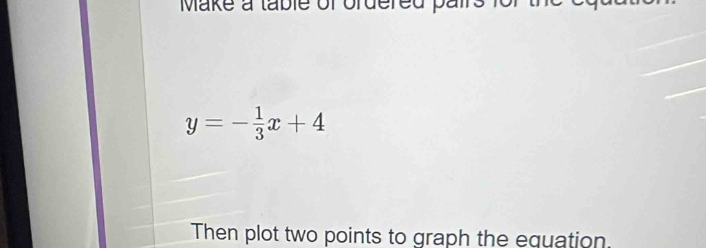 Make a table of ordered pa
y=- 1/3 x+4
Then plot two points to graph the equation.