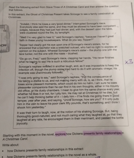 that follows.  Read the following extract from Stave Three of A Christmes Carol and then answer the question
Christmas In this extract, the Ghost of Christmas Present takes Scrooge to see a family celebration at
"Indeed, I think he loses a very good dinner,” interrupted Scrooge's niece.
Everybody else said the same, and they must be allowed to have been competent
15 judges, because they had just had dinner; and, with the dessert upon the table.
were clustered round the fire, by lamplight.
"Well! I'm very glad to hear it," said Scrooge's nephew, "because I haven't great
faith in these young housekeepers. What do you say, Topper?"
Topper had clearly got his eye upon one of Scrooge's niece's sisters, for he
ION answered that a bachelor was a wretched outcast, who had no right to express an
opinion on the subject. Whereat Scrooge's niece's sister - the plump one with the
lace tucker, not the one with the roses - blushed.
"Do go on, Fred," said Scrooge's niece, clapping her hands. "He never finishes
what he begins to say! He is such a ridiculous felllow!"
Scrooge's nephew revelled in another laugh, and, as it was impossible to keep the
infection off, though the plump sister tried hard to do it with aromatic vinegar, his
example was unanimously followed.
"I was only going to say," said Scrooge's nephew, "that the consequence of
his taking a dislike to us, and not making merry with us, is, as I think, that he
loses some pleasant moments, which could do him no harm. I am sure he loses
pleasanter companions than he can find in his own thoughts, either in his mouldy
old office, or his dusty chambers. I mean to give him the same chance every year.
whether he likes it or not, for I pity him. He may rail at Christmas till he dies, but
he can't help thinking better of it = I defy him - if he finds me going there in good 
temper, year after year, and saying, "Uncle Scrooge, how are you?" If it only puts
him in the vein to leave his poor clerk fifty pounds, that's something; and I think I
shook him yesterday."
It was their turn to laugh, now, at the notion of his shaking Scrooge. But, being
thoroughly good-natured, and not much caring what they laughed at, so that they
laughed at any rate, he encouraged them in their merriment, and passed the bottle
joyously,
Starting with this moment in the novel, explore how Dickens presents family relationships in
A Christmas Carol.
Write about:
how Dickens presents family relationships in this extract
how Dickens presents family relationships in the novel as a whole.