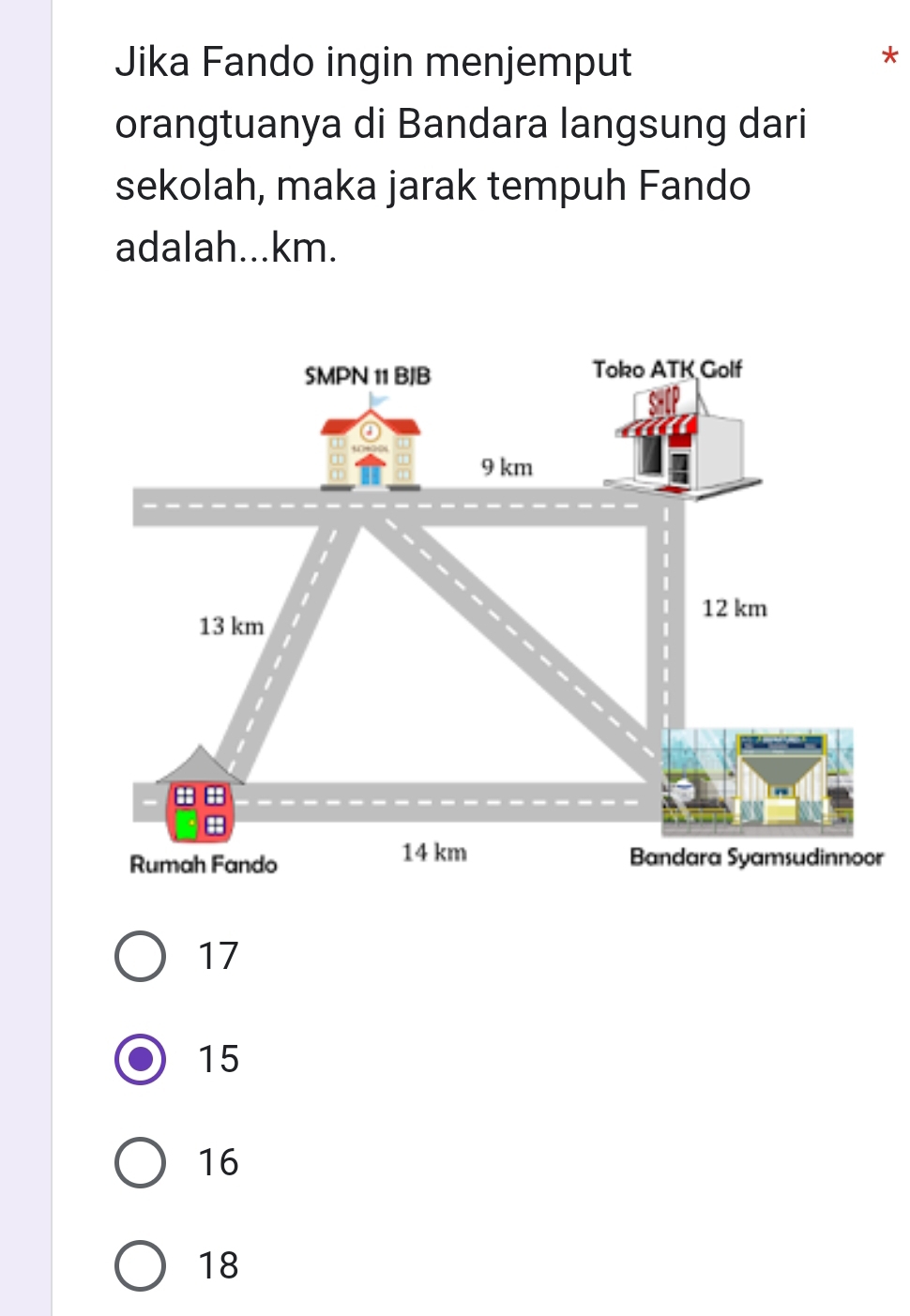 Jika Fando ingin menjemput
*
orangtuanya di Bandara langsung dari
sekolah, maka jarak tempuh Fando
adalah...km.
r
17
15
16
18